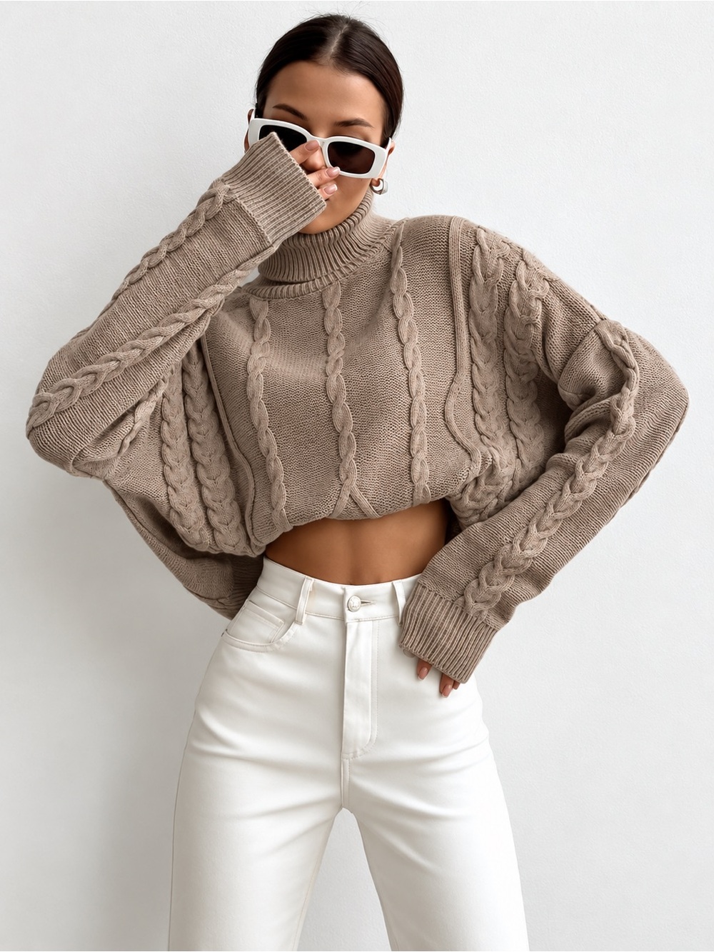 Commense Taupe Cable Turtleneck Sweater Oversized NWT